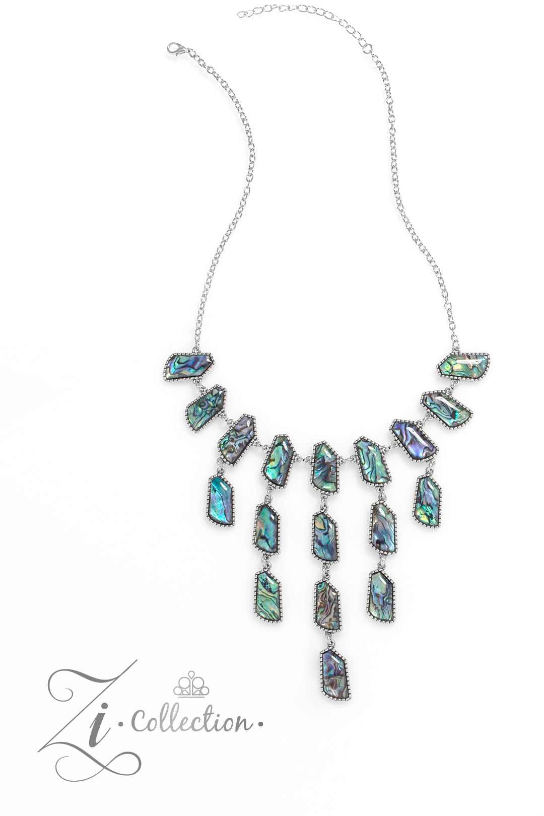 Abalone shells swirled in dreamy, reflective hues of blue, purple, and green are cut into abstract geometric shapes and set into studded silver frames. Silver chain links connect a row of shells that bows along the neckline, anchoring a cascade of pearlescent tassels that taper into a shimmery fringe. Features an adjustable clasp closure. Due to its prismatic palette, color may vary.  Sold as one individual necklace. Includes one pair of matching earrings.
