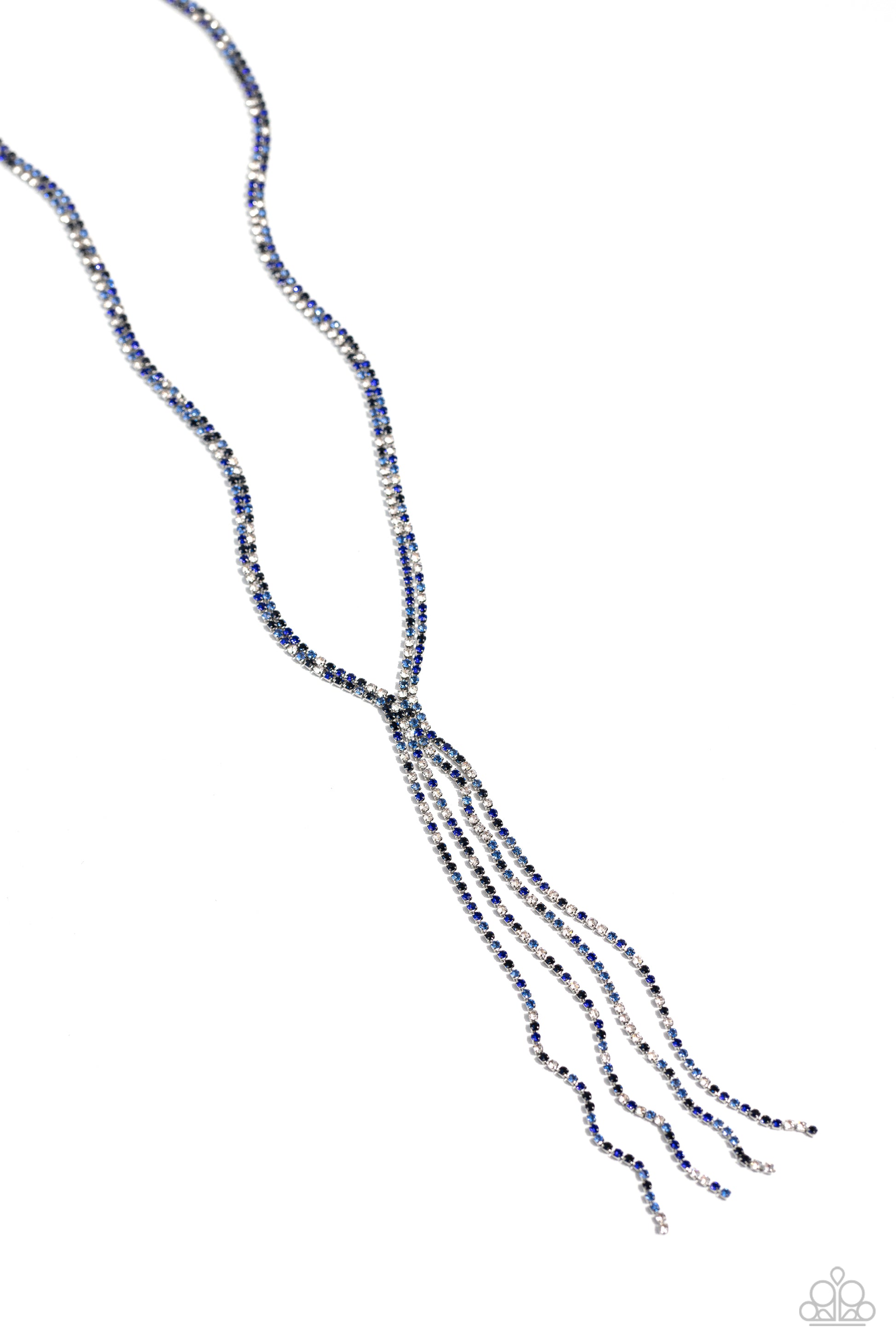 Featuring sleek square fittings, two strands of glittery, dainty multicolored blue rhinestones connect down the chest for a refined centerpiece. The interconnected rows delicately give way to freefalling multicolored blue layers, creating additional strands of glitzy movement. Features an adjustable clasp closure.  Sold as one individual necklace. Includes one pair of matching earrings.