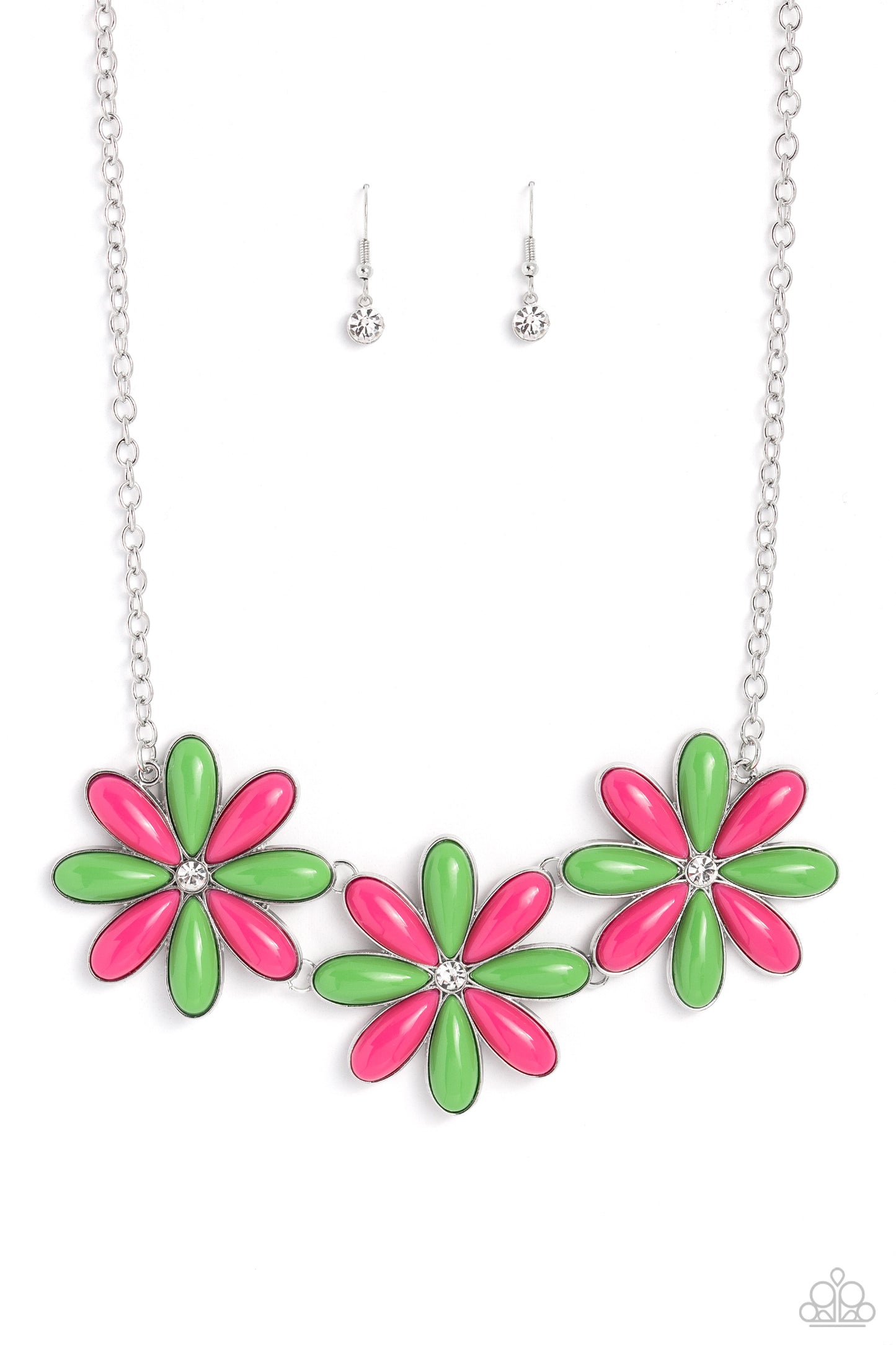 Dotted with white rhinestone centers, an elongated assortment of Classic Green and Pink Peacock beaded flowers link below the collar for a playful pop of color. Features an adjustable clasp closure.  Sold as one individual necklace. Includes one pair of matching earrings.