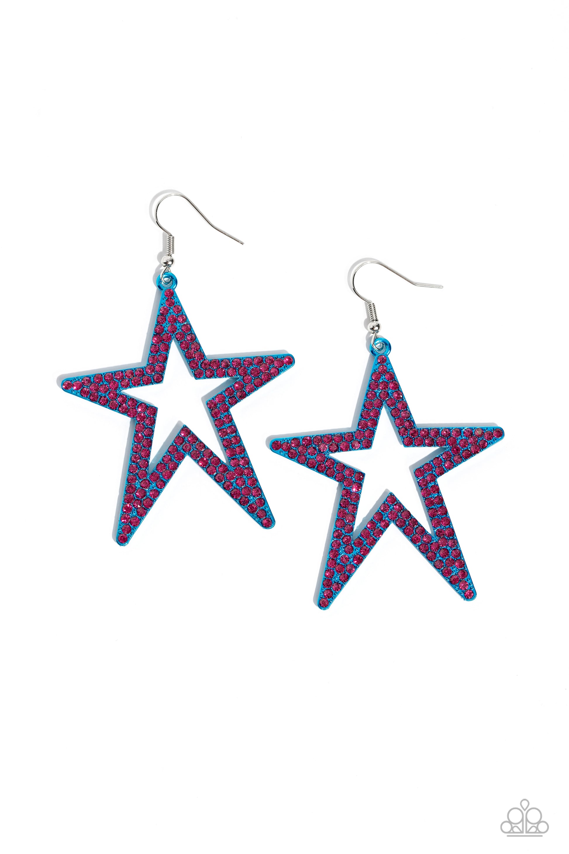 Double rows of fuchsia rhinestones adorn the front of an oversized blue metallic star silhouette, creating a stellar, sparkling centerpiece. Earring attaches to a standard fishhook fitting.  Sold as one pair of earrings.