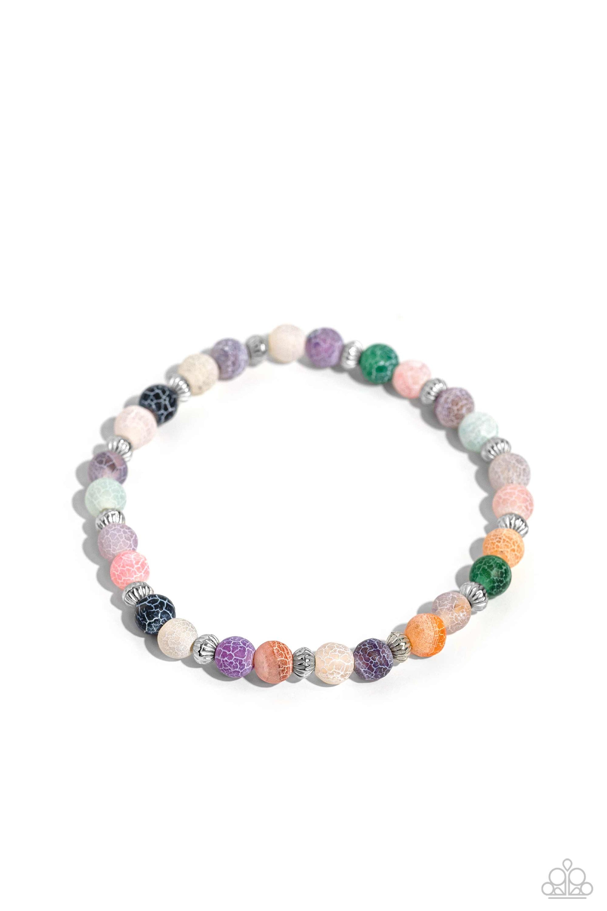 Featuring a dainty crackle motif, multicolored stones and textured silver beads wrap around the wrist on a stretchy band for an ethereally earthy statement. As the stone elements in this piece are natural, some color variation is normal.  Sold as one individual bracelet.