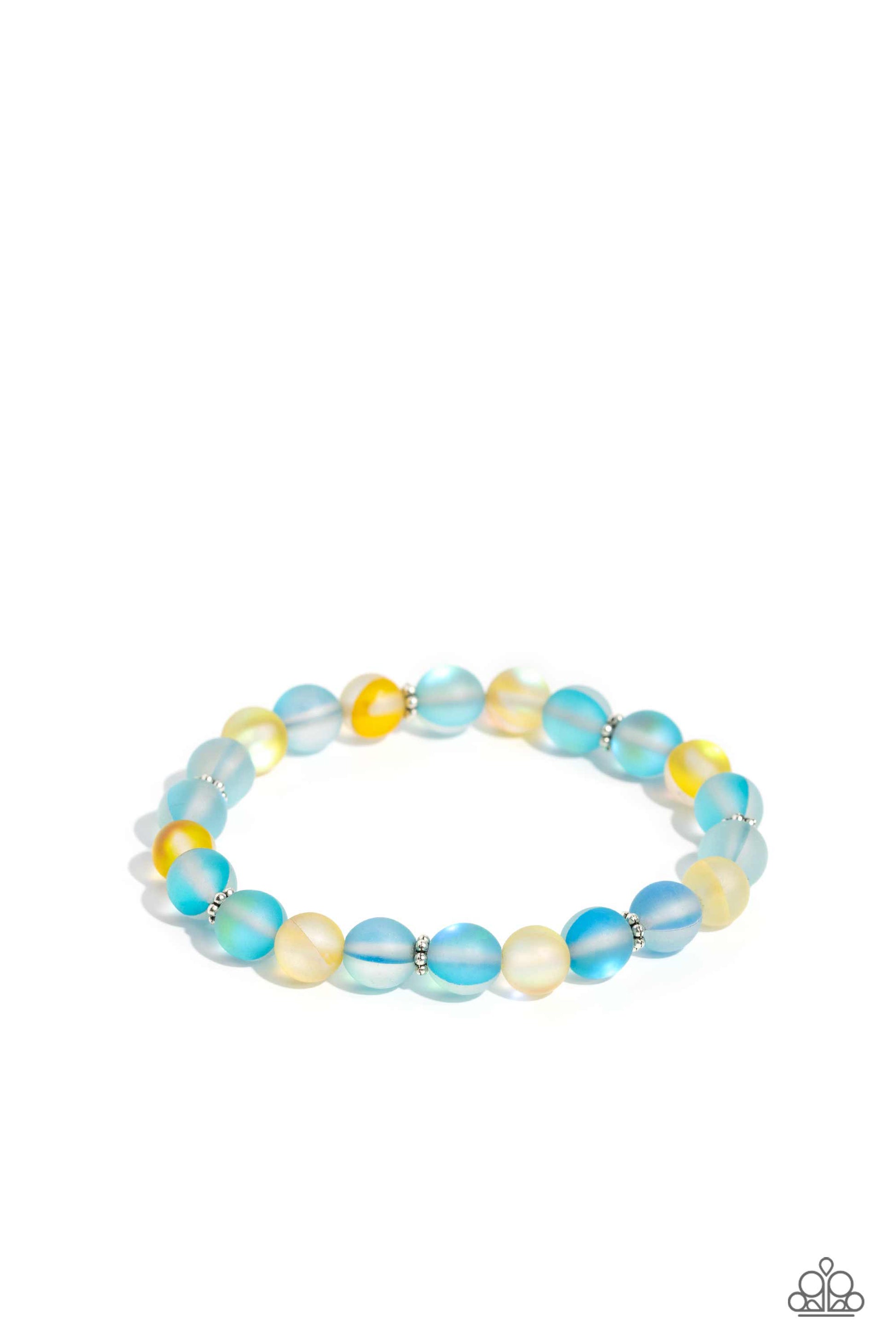 Infused with silver floral beads, a glassy collection of reflective blue and yellow-colored stone beads are threaded along an elastic stretchy band around the wrist for an adventurous pop of urban color.  Sold as one individual bracelet.