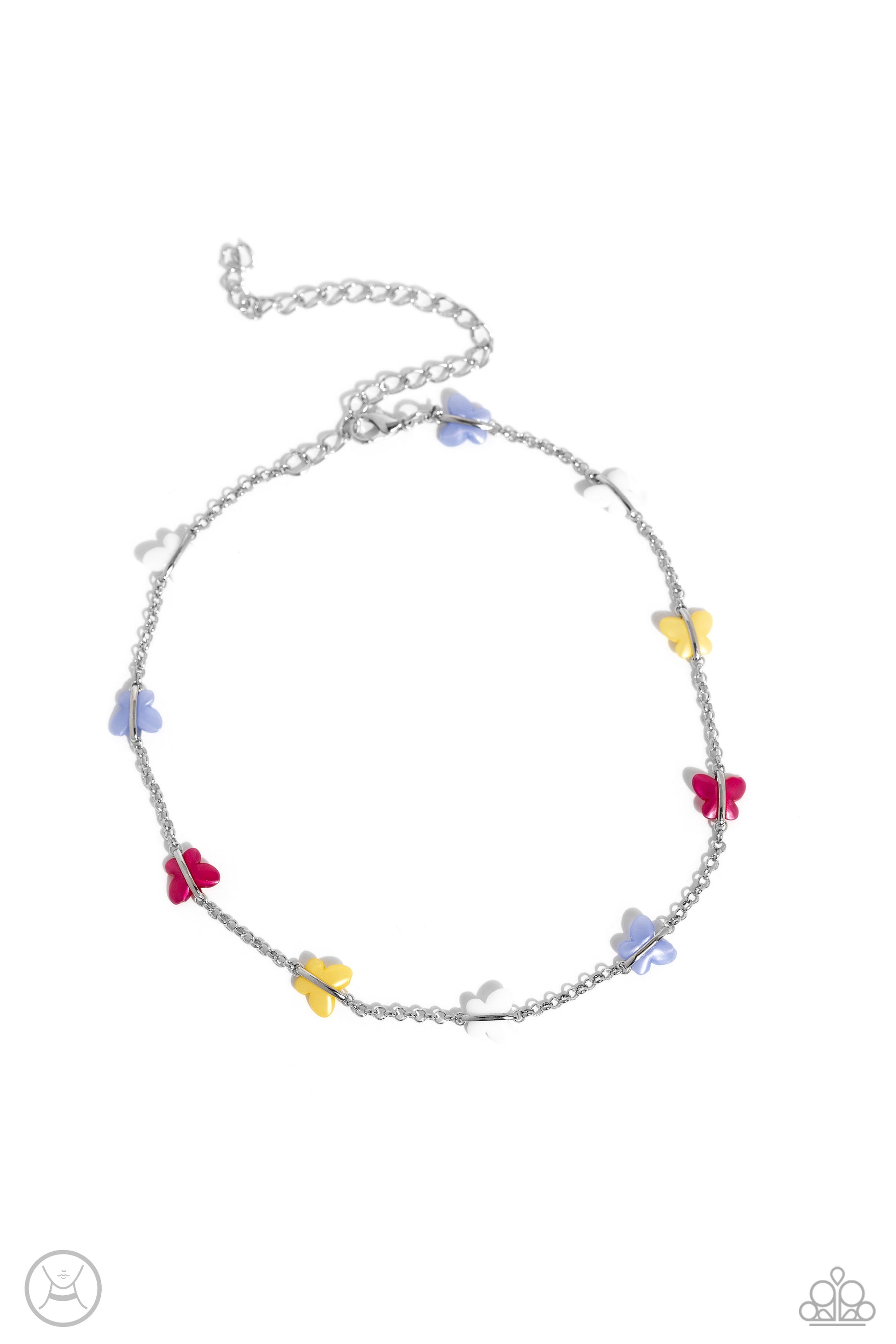 Infused along a row of dainty silver chain, a collection of blue, white, Primrose, and pink butterflies coalesces around the neckline for a whimsical finish. Features an adjustable clasp closure.  Sold as one individual choker necklace. Includes one pair of matching earrings.   Choker