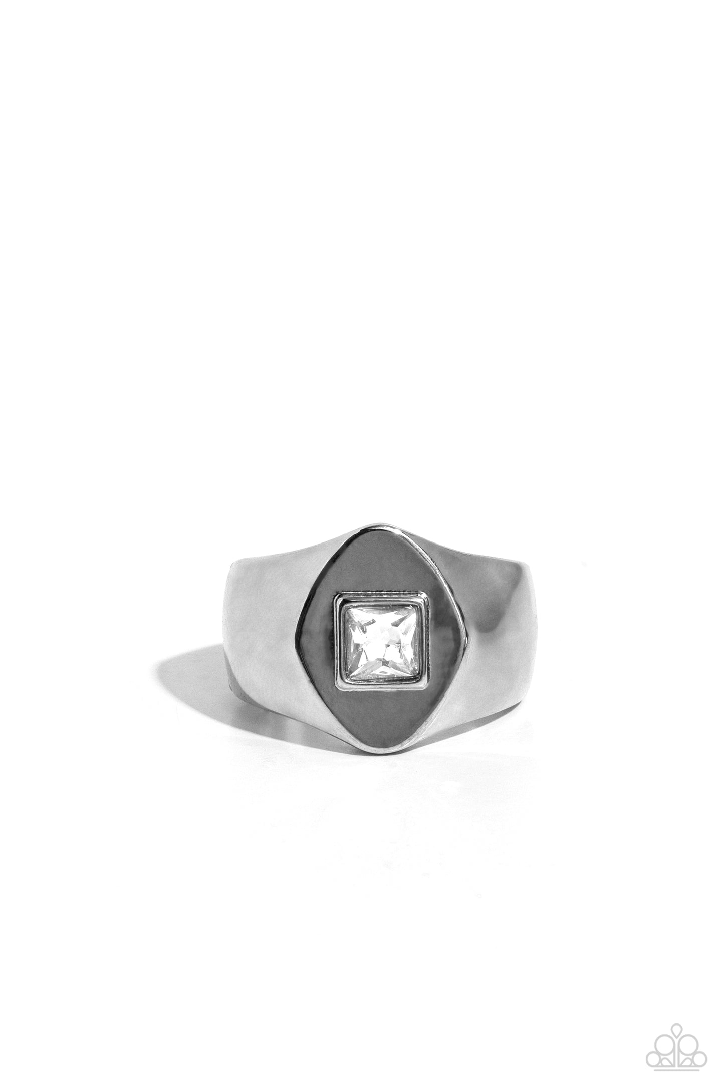 <p>Chiseled into a tranquil marquise shape, a glowing white square gem is pressed into the center of a thick glistening silver band. Features a stretchy band for a flexible fit.</p> <p><i> Sold as one individual ring.</i></p>
