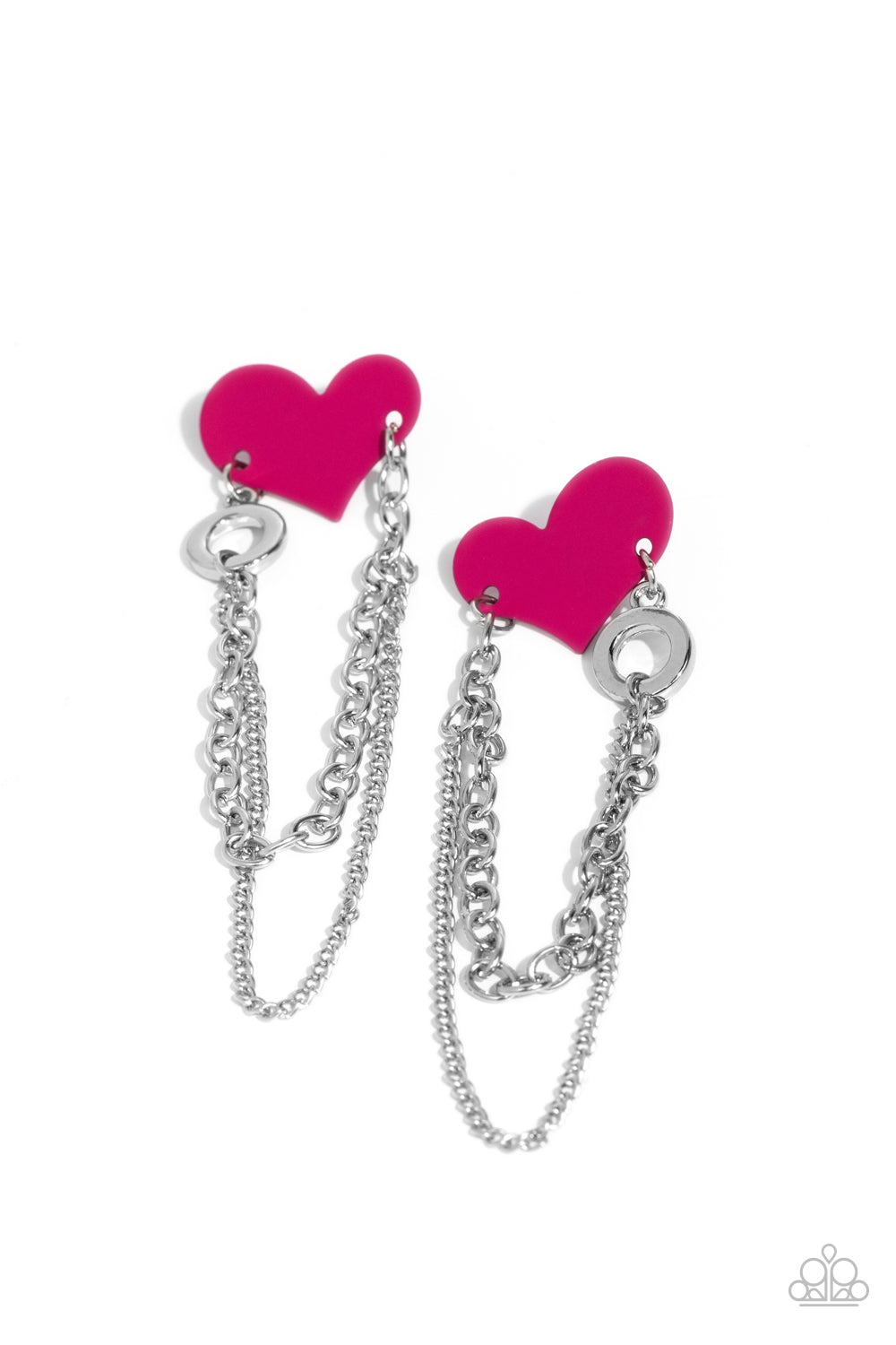 Strands of silver chains drape from a curvy Pink Peacock heart fixture, creating swaying movement from a vibrant, youthful finish. Earring attaches to a standard post fitting.  Sold as one pair of post earrings.