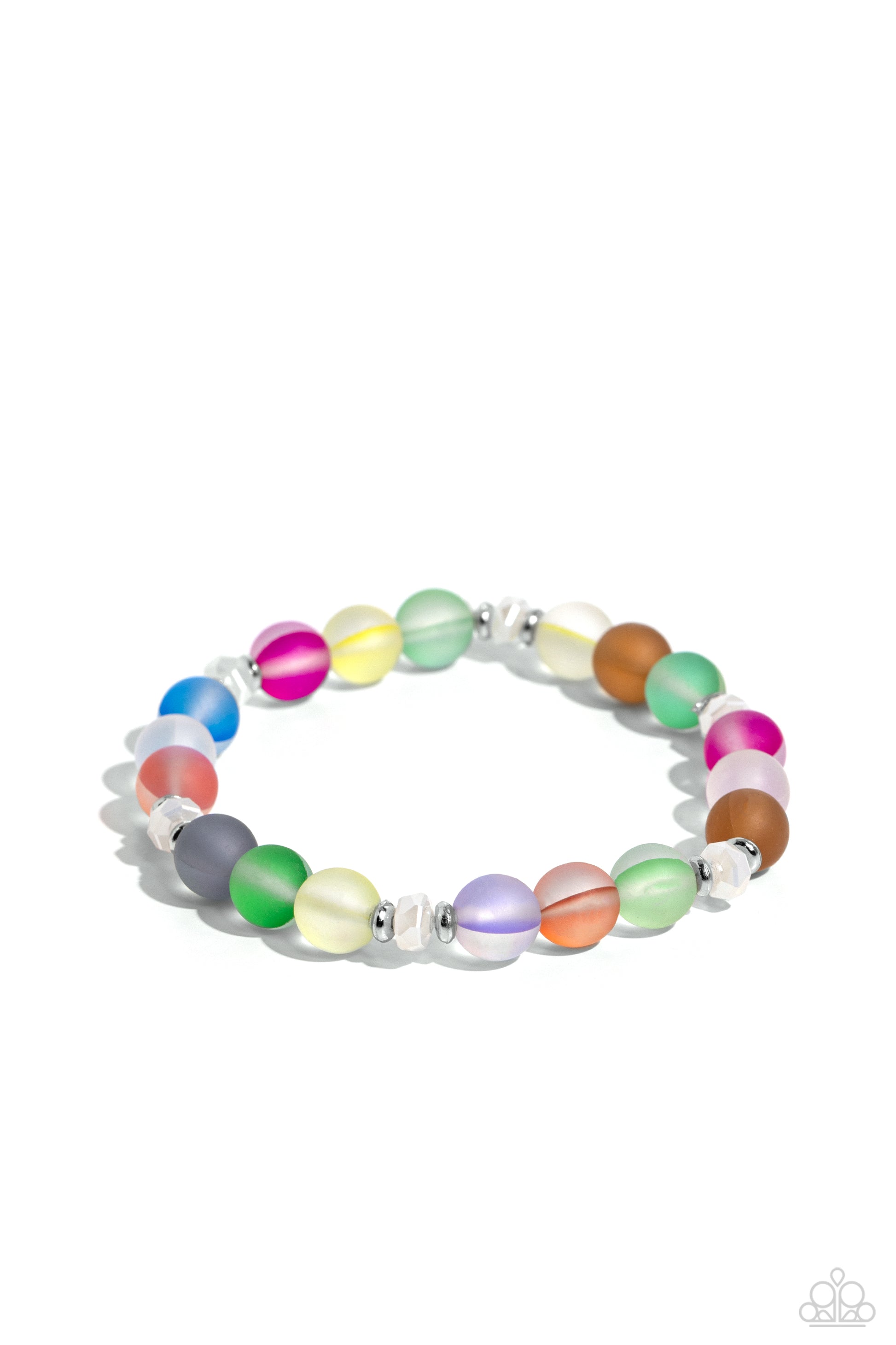 Infused with silver accents and faceted white beads, a dreamy collection of frosted glassy multicolored beads is threaded along a stretchy band around the wrist for an enchanting glow.  Sold as one individual bracelet.