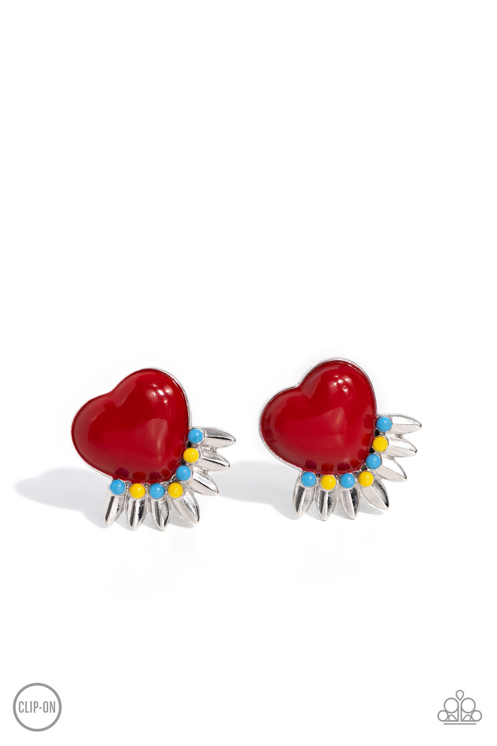 A red heart pressed in a sleek silver frame stands out at the ear. Textured silver leaves flare out from a curved cluster of turquoise and yellow beads that adorn the bottom of the heart display, creating a spring-inspired fringe. Earring attaches to a standard clip-on fitting.   Featured inside The Preview at Made for More! Sold as one pair of clip-on earrings.  Clip On Earring New Kit