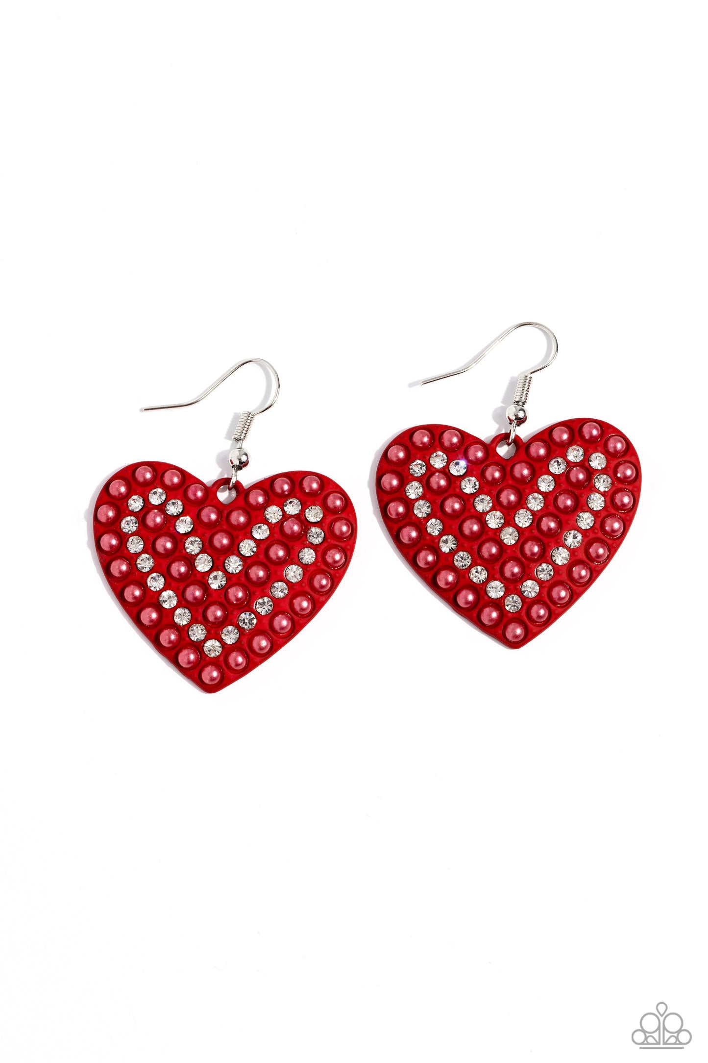 <p>A red-painted heart is covered in rows of tiny white rhinestones and red pearls, emitting radiant shimmer as it swings from the ear. Earring attaches to a standard fishhook fitting.</p> <p><i> Sold as one pair of earrings.</i></p>