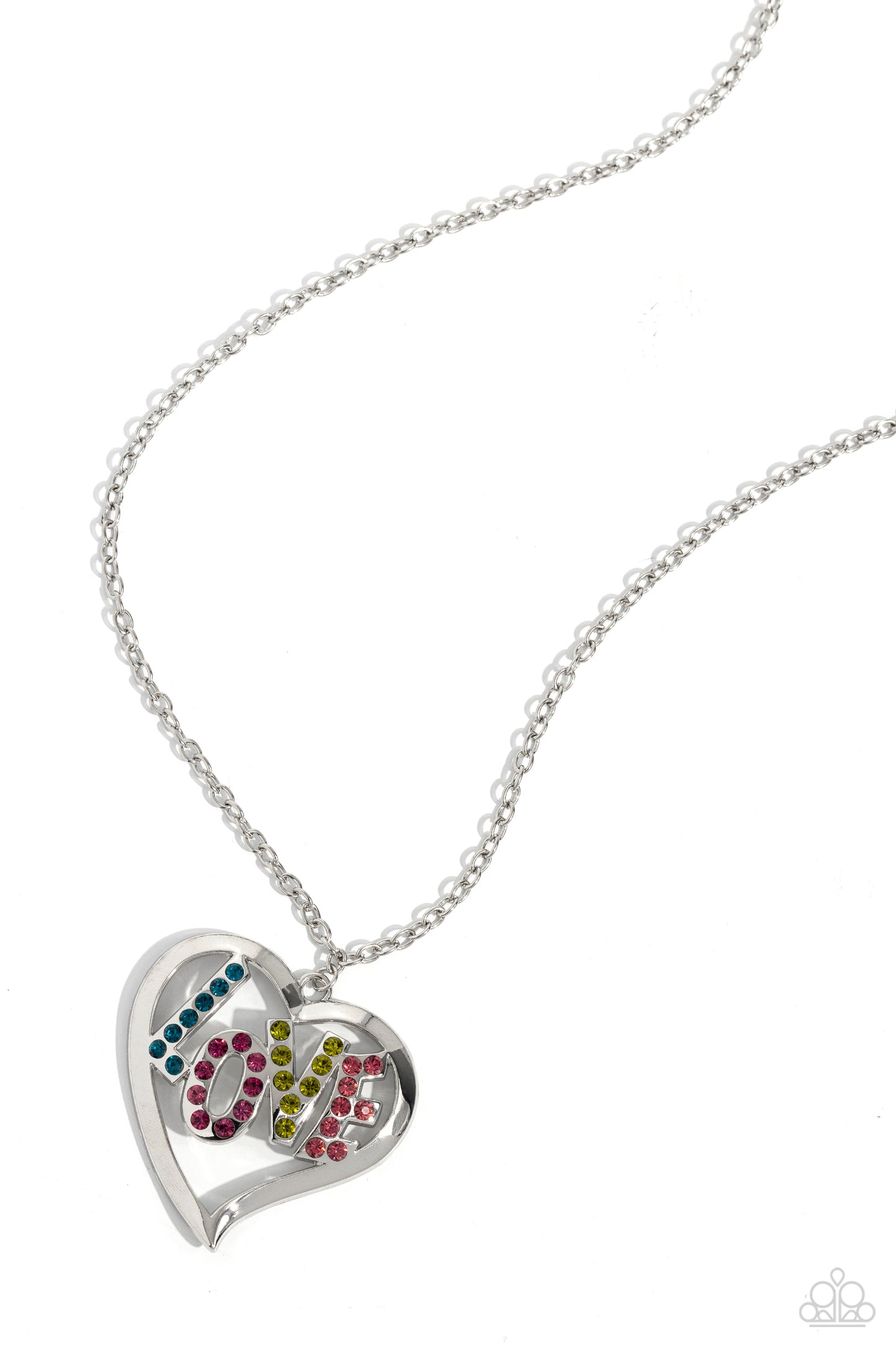 Featuring blue, fuchsia, olive, and rose rhinestones, the word "LOVE" floats inside an oversized, airy heart-shaped frame as it sways from a lengthened silver chain for a Valentine's-inspired centerpiece. Features an adjustable clasp closure.  Sold as one individual necklace. Includes one pair of matching earrings.