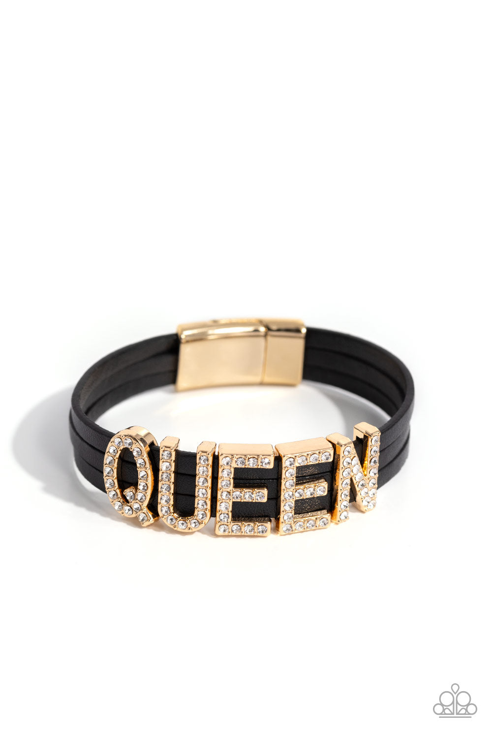 Featuring glistening white rhinestones, gold letter frames forming the word "QUEEN" are threaded along layers of black leather strands around the wrist for a dazzling statement. Features a magnetic closure.  Sold as one individual bracelet.