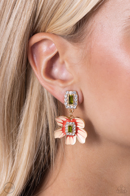 Featuring a green gem center, a Tender Peach, and Burnt Sienna-accented flower blooms from an emerald-cut fitting encrusted in a border of white rhinestones. The colorful flower is suspended from a similar emerald-cut glitzy pendant for a classic finish. Earring attaches to a standard clip-on fitting.   Featured inside The Preview at Made for More! Sold as one pair of clip-on earrings.  Clip On Earring New Kit