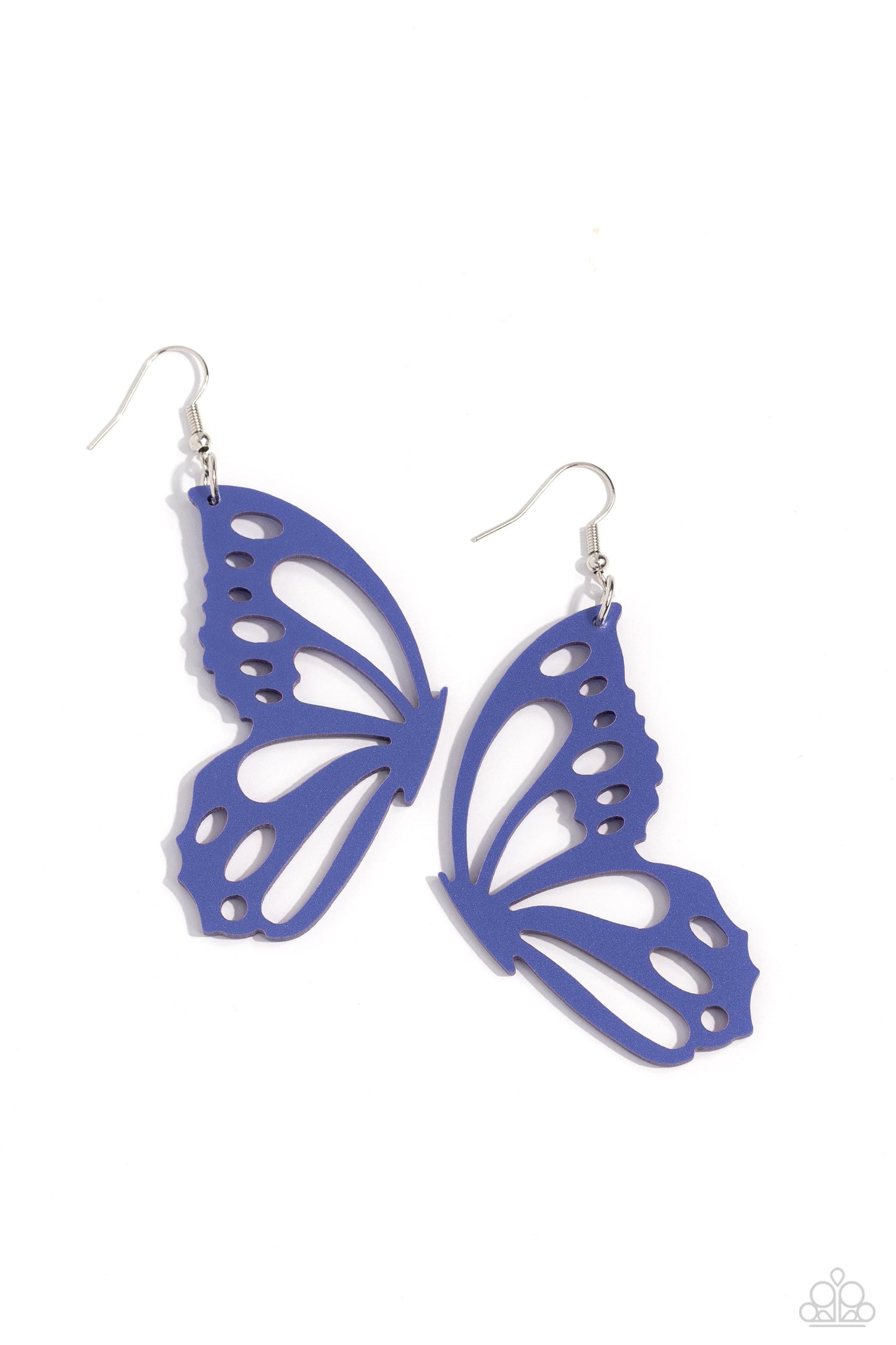Splashed in a metallic Persian Jewel hue, an oversized butterfly wing with airy cutout details dangles from the ear, creating a whimsically colorful sight. Earring attaches to a standard fishhook fitting.  Sold as one pair of earrings.