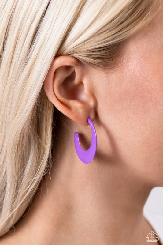 <p>A flat, purple-painted ribbon delicately loops into a curved thin hoop for a light-hearted, colorful finish. Earring attaches to a standard post fitting. Hoop measures approximately 1 1/4" in diameter.</p> <p><i> Sold as one pair of hoop earrings.</i></p>