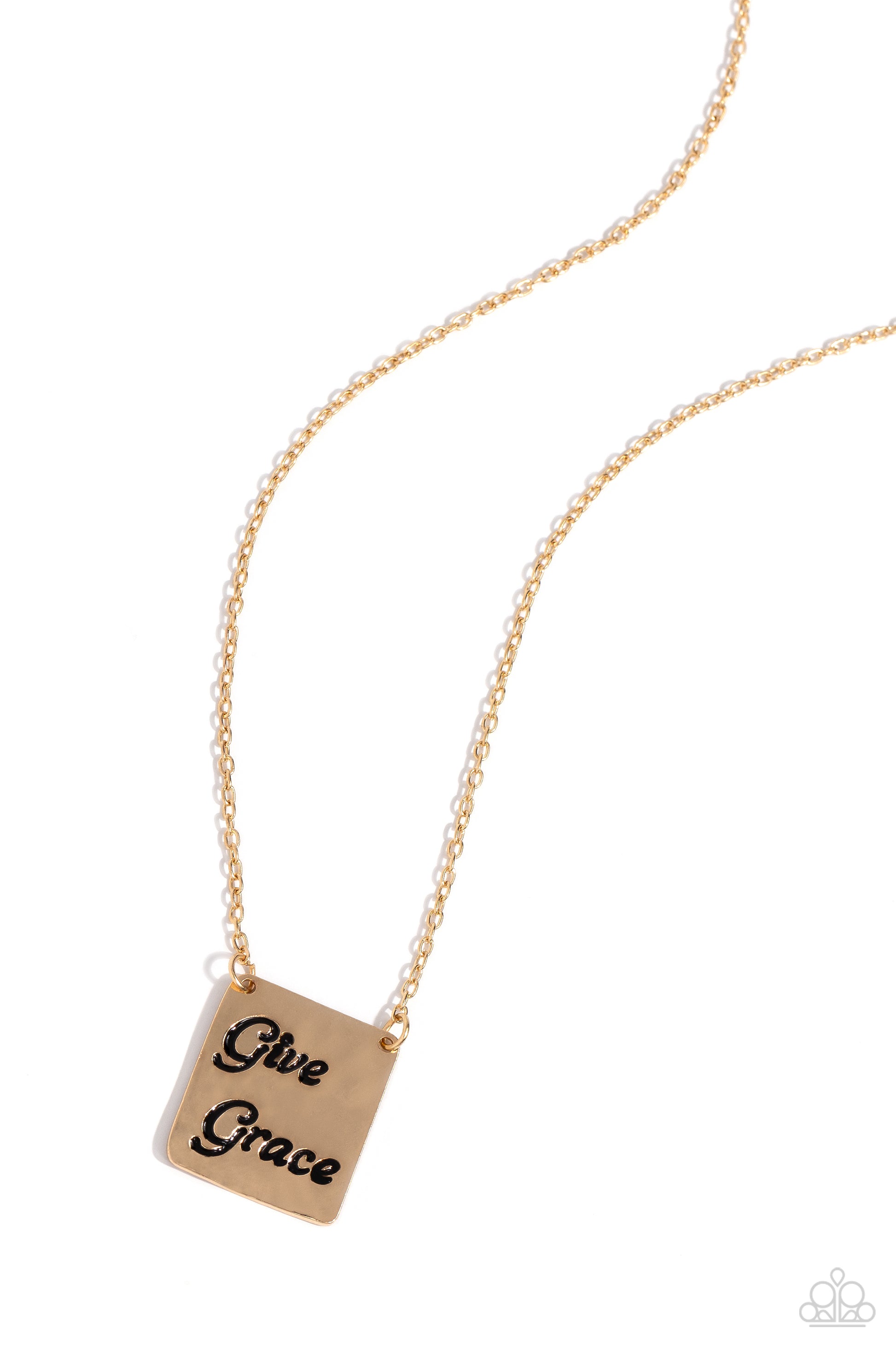 Cascading from a dainty gold chain, a lightly-hammered gold square pendant is stamped with the cursive phrase "Give Grace" for an inspirational statement. Features an adjustable clasp closure.  Sold as one individual necklace. Includes one pair of matching earrings.