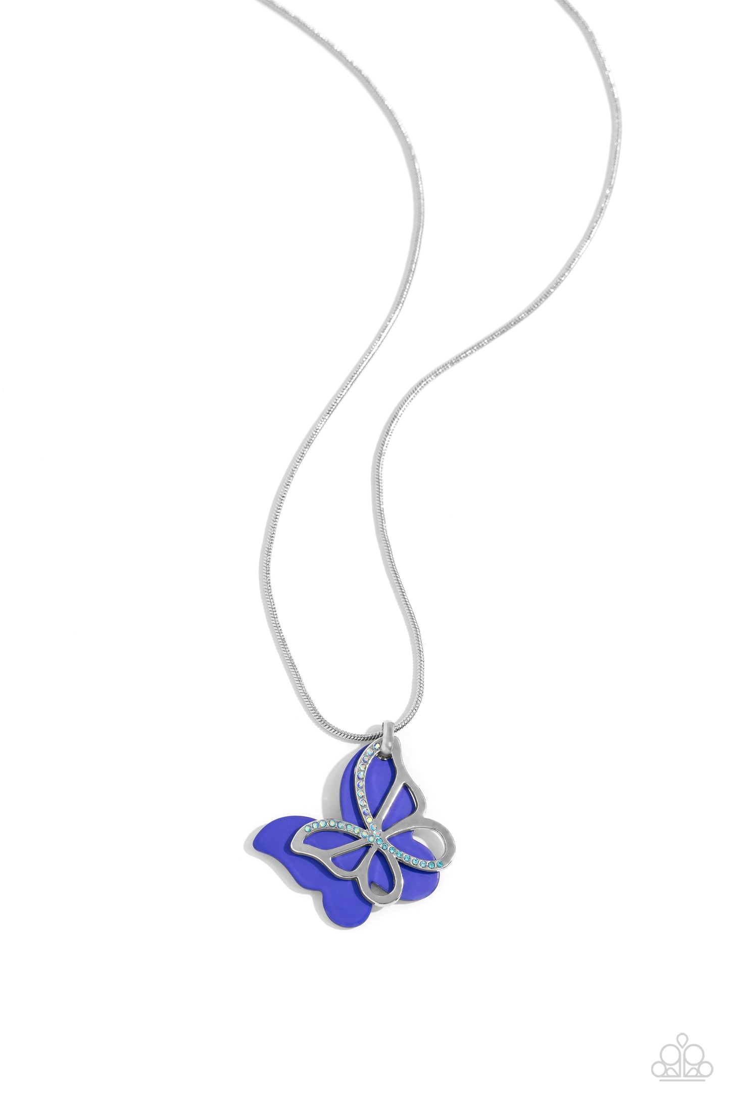Layered beside a silver butterfly silhouette dotted with aquamarine and blue-iridescent rhinestones, a royal blue-painted acrylic butterfly flutters from a silver snake chain below the collar for a whimsical fashion. Features an adjustable clasp closure. Due to its prismatic palette, color may vary.  Sold as one individual necklace. Includes one pair of matching earrings.