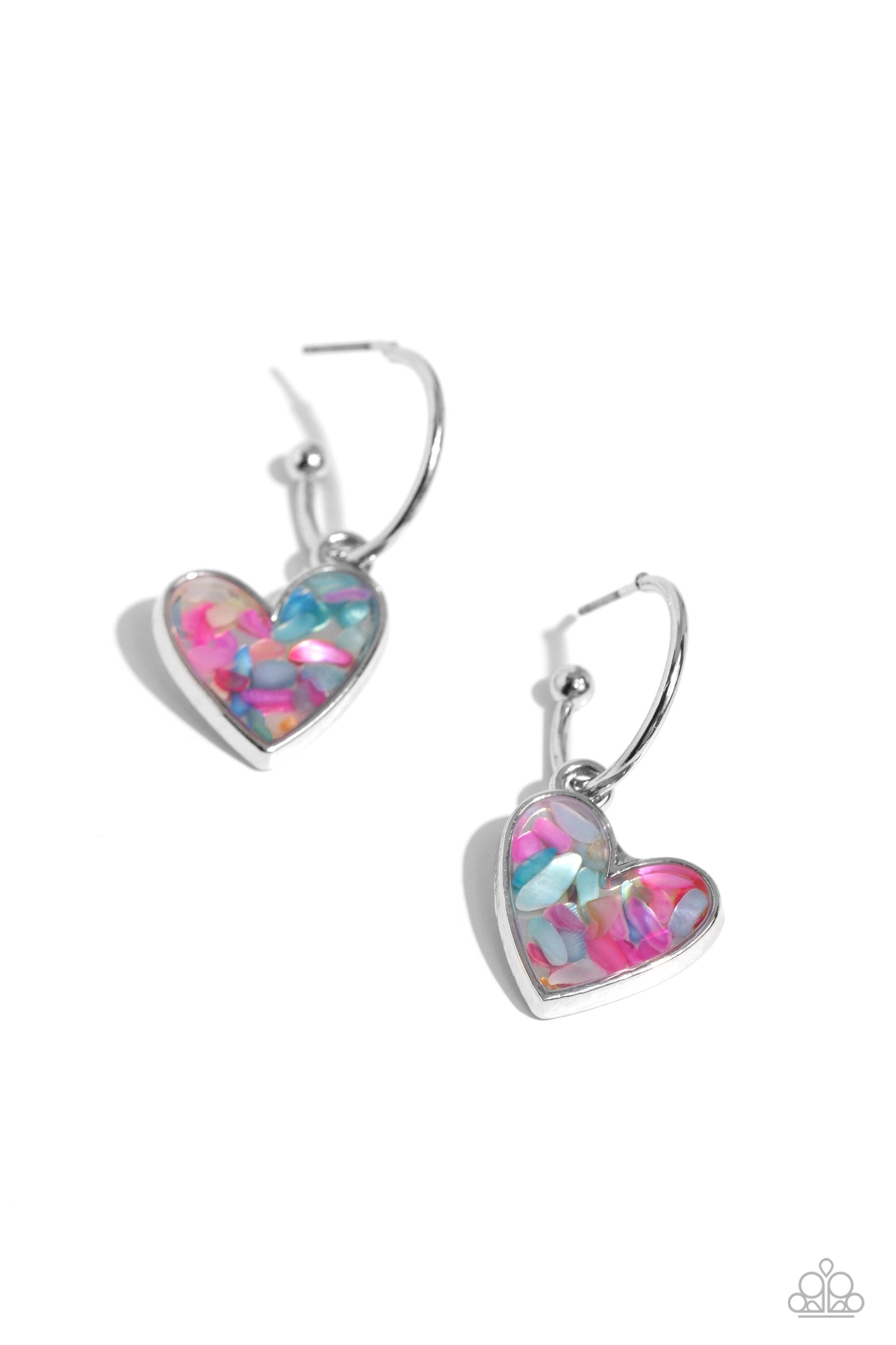 A small, skinny, silver hoop curves around the ear in a timeless fashion with a silver ball affixed to the end of the hoop, reminiscent of a barbell fitting. A silver heart frame, encased with haphazardly patterned pink and turquoise flecks of shell, collides into a kaleidoscope of color for a colorful, shimmery statement. Earring attaches to a standard post fitting. Hoop measures approximately 1/2" in diameter.  Sold as one pair of hoop earrings.