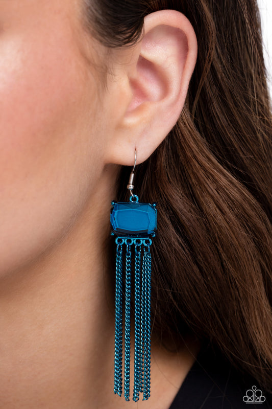 <p>Strands of classic electric blue chains swing from the bottom of a faceted, emerald-cut blue gem frame for an edgy finish. Earring attaches to a standard fishhook fitting.</p> <p><i> Sold as one pair of earrings.</i></p>
