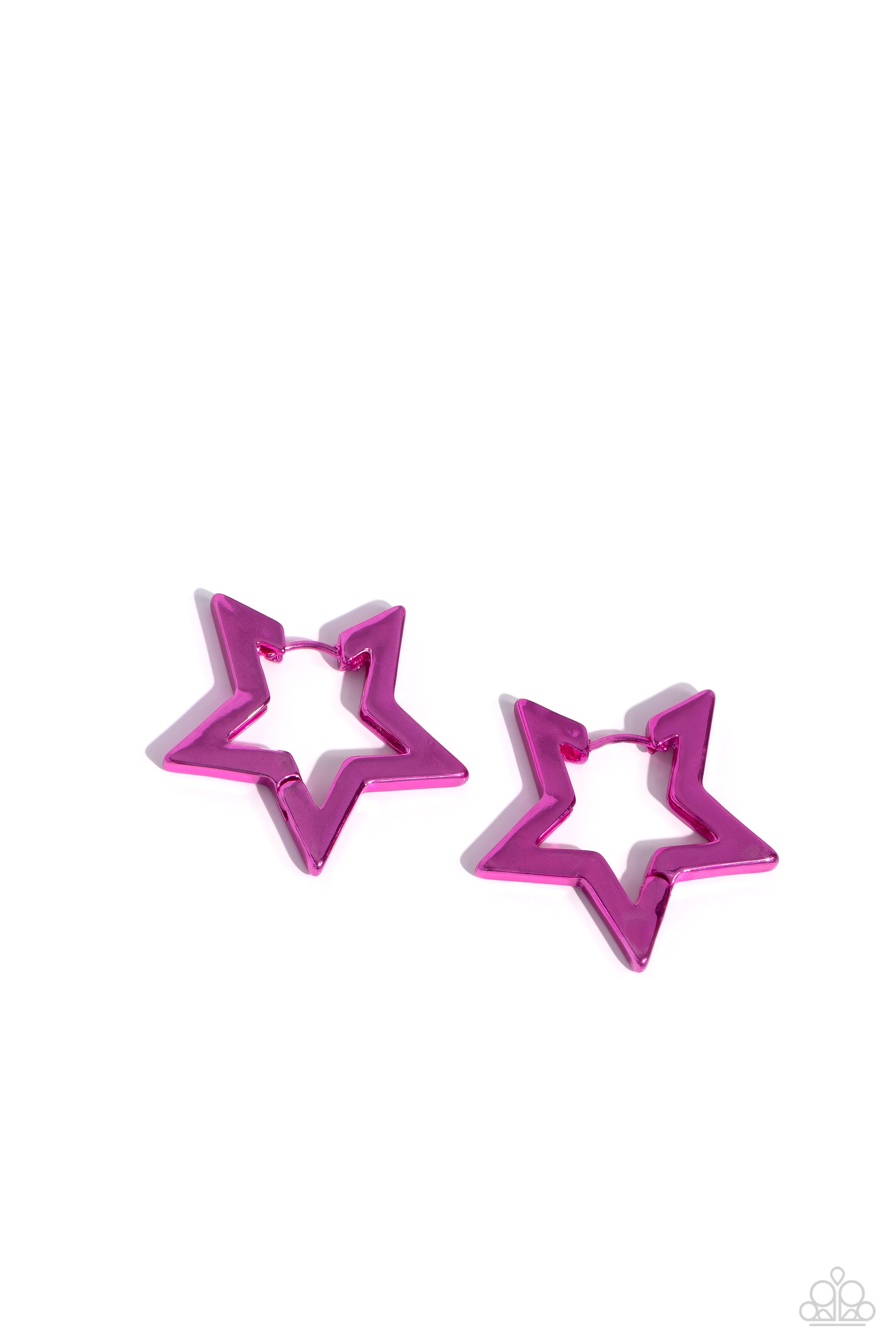 Dipped in an electric pink shade, a three-dimensional star-shaped hoop hinges around the ear resulting in a stellar statement. Earring attaches to a standard hinge closure fitting. Hoop measures approximately 1 1/4" in diameter.  Sold as one pair of hoop earrings.