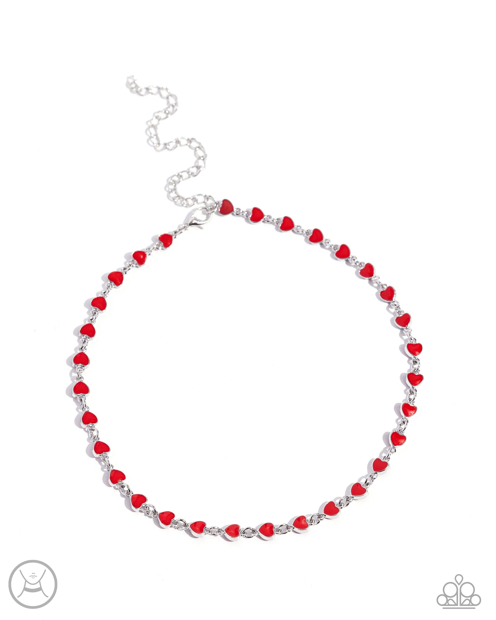 <p>Red-painted silver hearts interconnect around the collar for a simply sentimental look. Features an adjustable clasp closure.</p> <p><i>Sold as one individual choker necklace. Includes one pair of matching earrings. </i></p> &nbsp;<img src="https://d9b54x484lq62.cloudfront.net/paparazzi/shopping/images/517_chokericon_1.jpg" alt="Choker" align="middle" height="50" width="50">