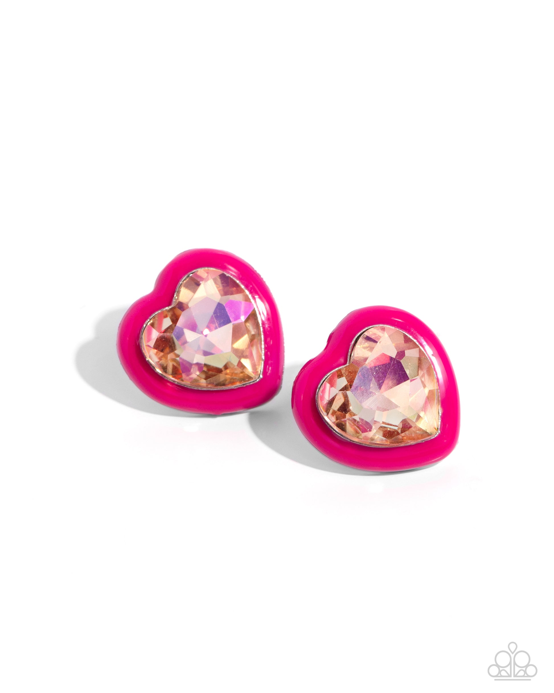 <p>Pressed in a border of Pink Peacock paint, an oversized UV shimmery heart gem glimmers from the ear, resulting in a romantic-inspired display. Earring attaches to a standard post fitting.</p> <p><i> Sold as one pair of post earrings.</i></p>