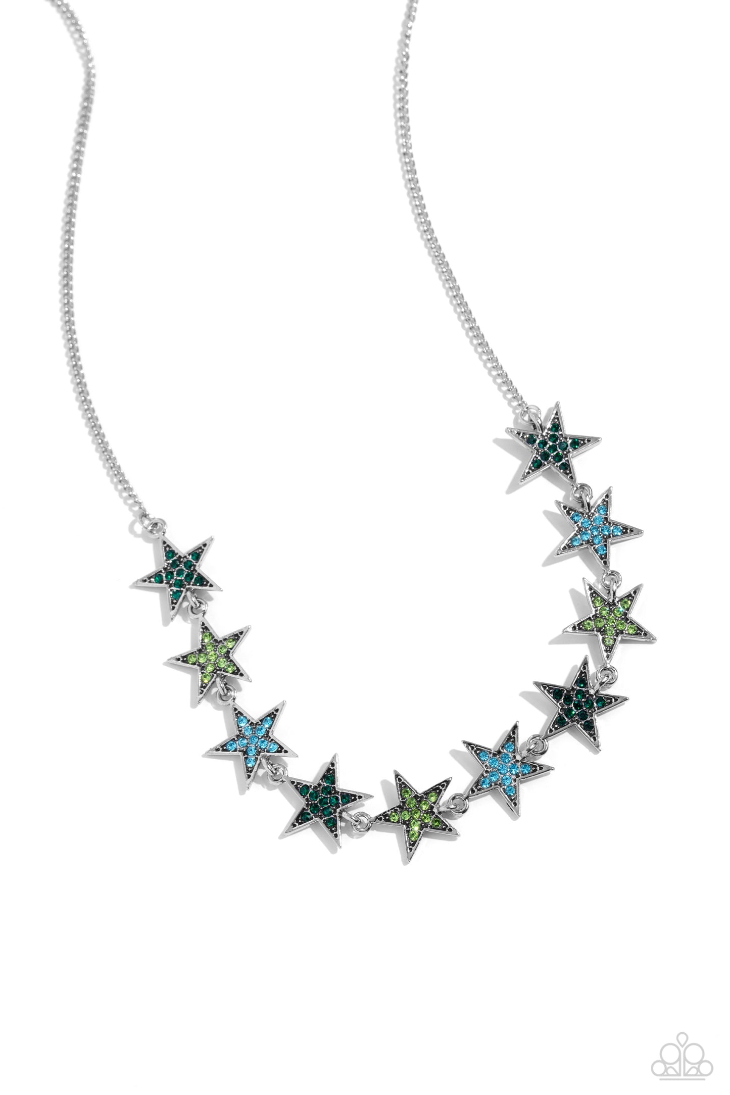 <p>Silver stars dotted with emerald, peridot, and aquamarine rhinestones connect to a classic silver chain for an out-of-this-world stellar display. Features an adjustable clasp closure.</p> <p><i> Sold as one individual necklace. Includes one pair of matching earrings.</i></p>