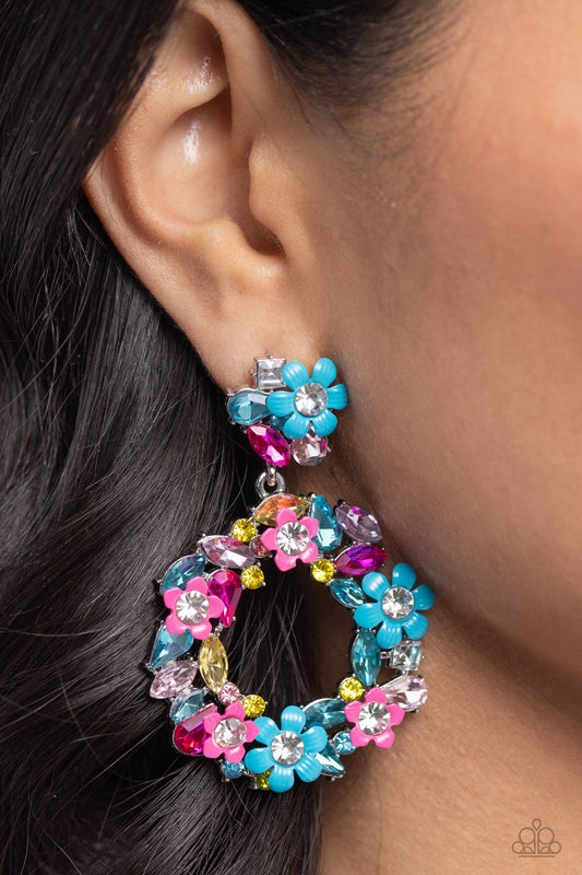 <p>Hanging from a cluster of flowers and multicolored gems, a similarly vibrant collection of turquoise and pink flowers and multicolored gems bloom into a free-spirited wreath below the ear. Earring attaches to a standard post fitting.</p> <p><i> Sold as one pair of post earrings.</i></p>