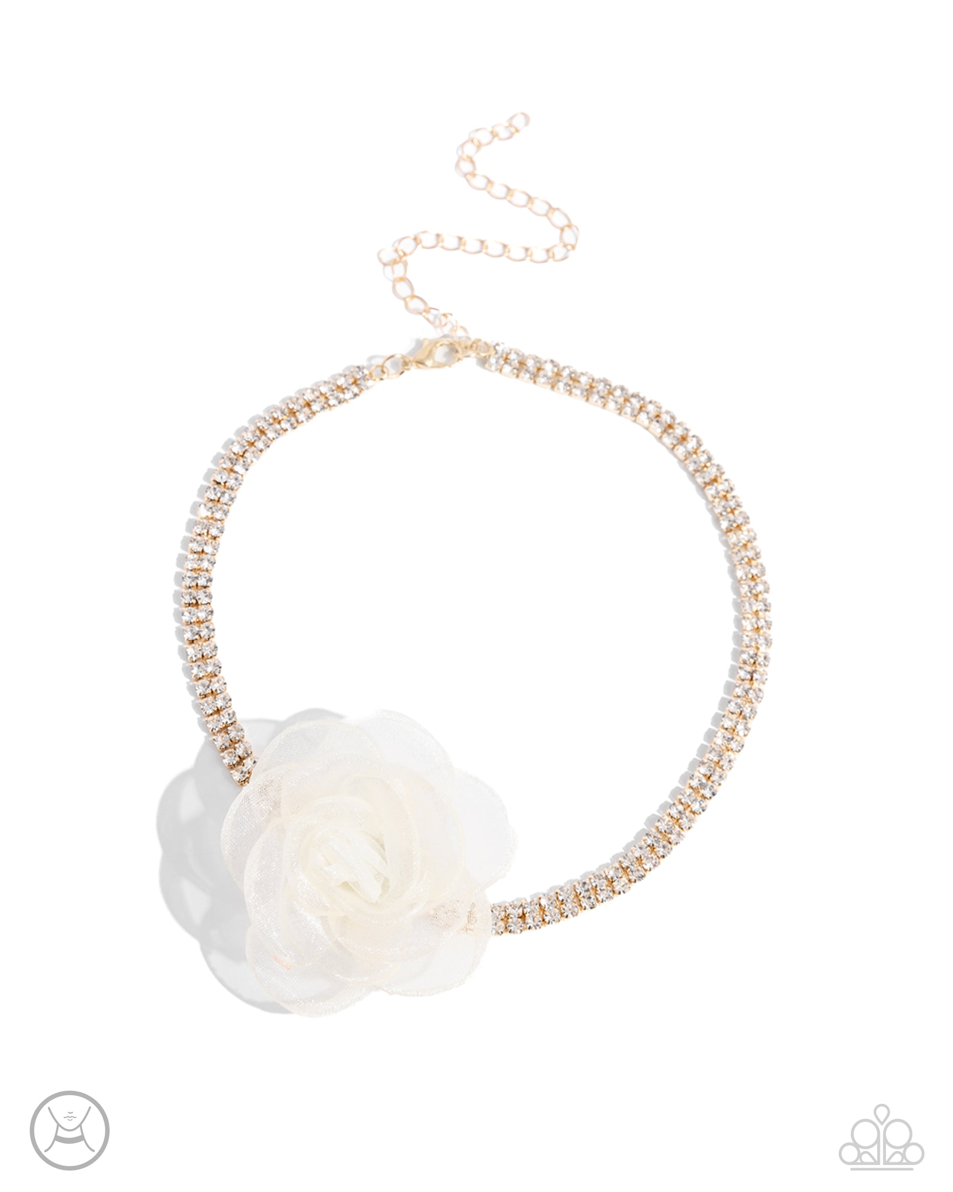 <p>A double-stranded gold chain is embellished with two rows of glistening white rhinestones as it wraps around the collar. An ivory tulle rosette is placed in the center of the design for a floral finish. Features an adjustable clasp closure.</p> <p><i>Sold as one individual choker necklace. Includes one pair of matching earrings. </i></p> &nbsp;<img src="https://d9b54x484lq62.cloudfront.net/paparazzi/shopping/images/517_chokericon_1.jpg" alt="Choker" align="middle" height="50" width="50">